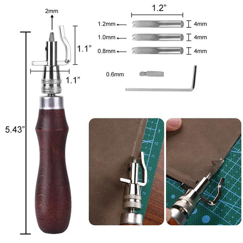 7 In 1 Pro Adjustable Stitching Groover Kit For Leathercraft with detailed measurements of components and leather demonstration