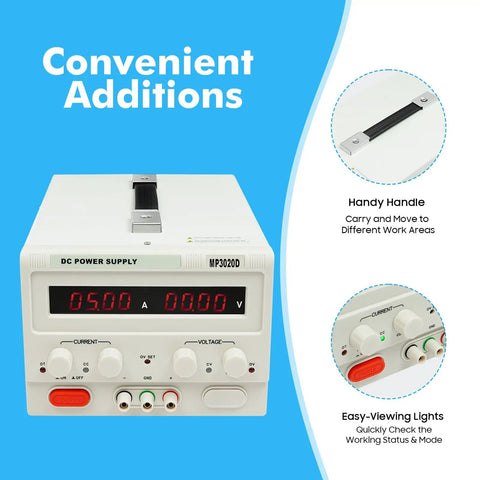 Variable DC Power Supply 0 To 30V 0 To 20A Bench Power Source With Precise Output And LED Readout Real Time Voltage And Current Monitor For Prototyping DIY Electronics Lab Testing And Hands On Projects, front view with handle
