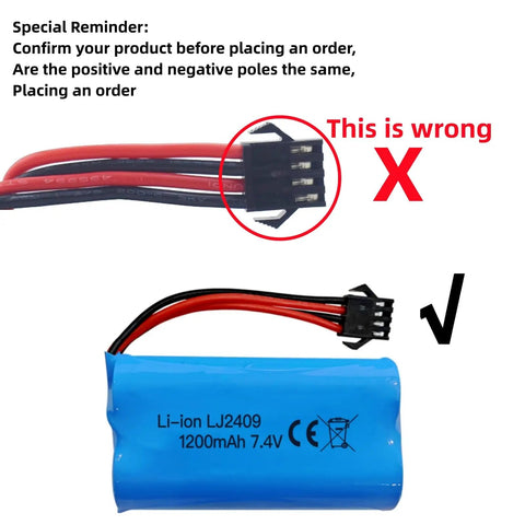 Two Pack 7.4V 1200mAh SM4P Plug Rechargeable Battery With USB Charging Cable For EC08 RC Toy Car polarity warning