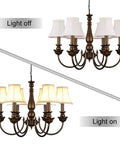 Chandelier Lamp Shades For Candelabra Bulbs Clip On Fitter 6 Inch Bottom Diameter 3 Inch Top Diameter 5 Inch Tall 6 Pack shown on dark bronze chandelier with light on and off.