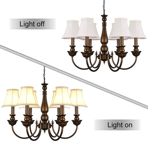 Chandelier Lamp Shades For Candelabra Bulbs Clip On Fitter 6 Inch Bottom Diameter 3 Inch Top Diameter 5 Inch Tall 6 Pack shown on dark bronze chandelier with light on and off.