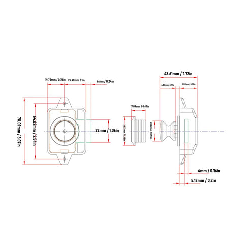Technical drawing of Push Button Cabinet Latch For RVs And Yachts, Zinc Alloy Cupboard Door Lock, dimensions labeled in mm and inches.