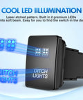Toyota 12V Push Button Ditch Lights Switch With Wire Kit Replacement SPST On Off, black switch with blue LED glow