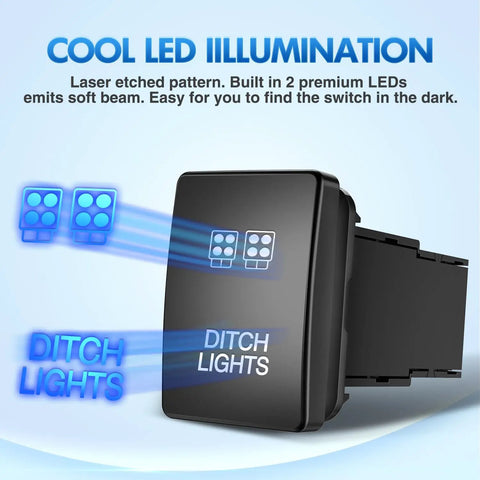 Toyota 12V Push Button Ditch Lights Switch With Wire Kit Replacement SPST On Off, black switch with blue LED glow