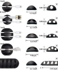 16 Pack Black Cable Clip Organizer Set With Adhesive Backing For Desk Wall And Car Mounts Keeps iPhone Charger USB And Computer Cables Neat Varied Size Wire Management Clips For Every Cable shown with dimensions and cable types