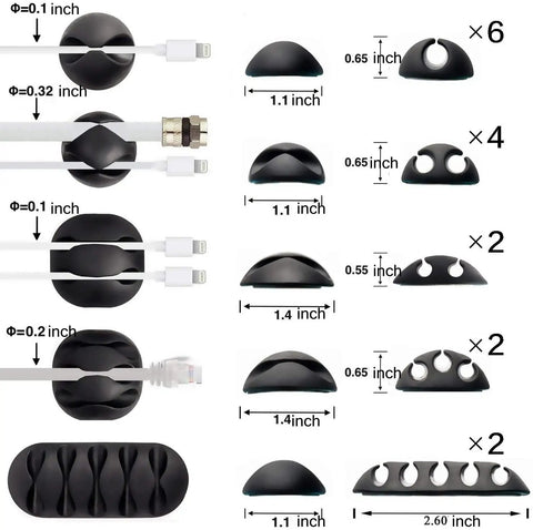 16 Pack Black Cable Clip Organizer Set With Adhesive Backing For Desk Wall And Car Mounts Keeps iPhone Charger USB And Computer Cables Neat Varied Size Wire Management Clips For Every Cable shown with dimensions and cable types