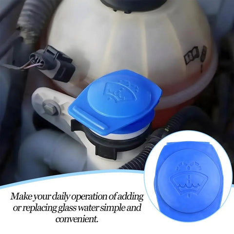 Close-up of blue Washer Fluid Cap For Cars Premium ABS Windshield Reservoir Cap installed on Volkswagen model
