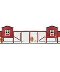Red wooden chicken coop with nesting box, waterproof roof, removable tray, and ramp access, featuring chickens inside.
