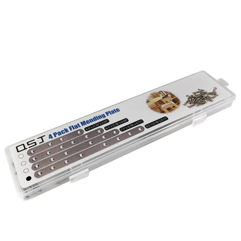 Rock Solid Heavy Duty Wood Furniture Corner Braces Stainless Steel Mending Plates With Screws 4 Pack in storage case with screws.