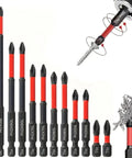 12 Pack Phillips Bits And Magnetic Screwdriver Bit Set With Heavy Duty S2 Steel PH2 Drill Bits arranged in sizes with magnetic tips.