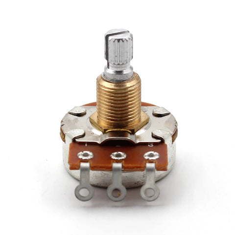 Four 500K short split-shaft audio taper potentiometers with knurled metal shaft and threaded brass bushing