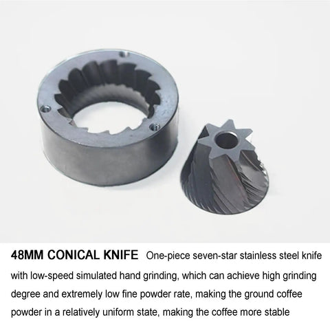Hella Sharp 48Mm Conical Burr Electric Coffee Grinder With Stepless Knobs And Single Dose Catch Cup For Slick Espresso Or Fresh Pour Over Brewing Right At Your Desk, showing 48mm stainless steel conical knife.