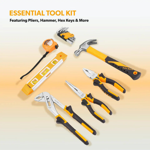 89 Piece Home Tool Set With Hammer And Drill Bits, Ratchet, Wrench, Pliers, Hex Keys, Tape Measure, Screwdrivers, Socket Set, Level, And Handy Plastic Toolbox For Quick Home DIY Projects And Auto Repairs visible on an orange background