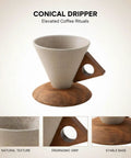 Reliable Terracotta Pour Over Coffee Dripper Set With Solid Wood Handle, Conical Ceramic Filter Holder on wooden base.