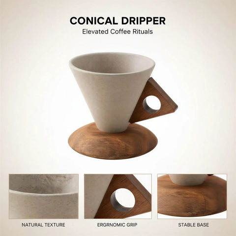 Reliable Terracotta Pour Over Coffee Dripper Set With Solid Wood Handle, Conical Ceramic Filter Holder on wooden base.