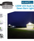 Powerful 120W LED Barn Light With Dusk To Dawn Photocell, 18000 Lumens Of 5000K Daylight illuminating a farm area at night