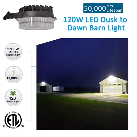 Powerful 120W LED Barn Light With Dusk To Dawn Photocell, 18000 Lumens Of 5000K Daylight illuminating a farm area at night