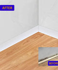 Room corner with Dope White Vinyl Baseboard Molding With Crease Design, covering floor-wall gap, 39.36 ft long PVC wall base.