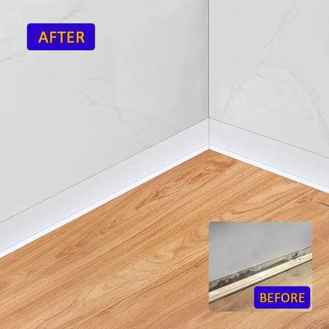 Room corner with Dope White Vinyl Baseboard Molding With Crease Design, covering floor-wall gap, 39.36 ft long PVC wall base.