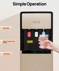 User filling glass from Bottom Loading Water Dispenser With Hot Cold Three Spouts And Indicator Light Panel For Home And Office Use Champagne Gold