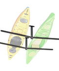 Beefy Ceiling Kayak Rack For Two Kayaks Up To 250 Lbs Heavy Duty Adjustable Overhead Garage Hanger with two kayaks mounted