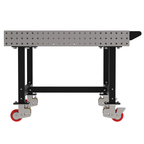 Rock Solid Mobile Welding Fixture Table Featuring Precision Laser Grid Holes 48 By 48 By 36 Inches with sturdy wheels.