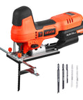 Badass 20V Brushless Cordless Jigsaw, Knockout 3500 SPM Variable Speed With Standard Battery Hookup, Built In Led Lamp, Four Orbital Settings, Six Fresh Blades For Pain Free Wood And Metal Jobs Daily. Close-up of a cordless jigsaw with six blades.