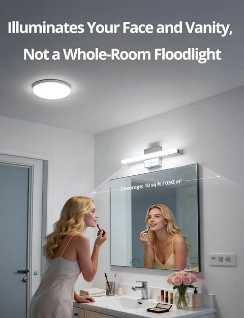 Woman applying makeup below Sleek Over Mirror Vanity Light Fixture 16 Inch Chrome LED Bar 9W Cool White 6000K Non Dimmable