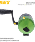 Front view of Crappie Thunder Spincast Fishing Reel With All Metal Gears And Ball Bearing Drive Built Tough Stainless Steel Nose Cone