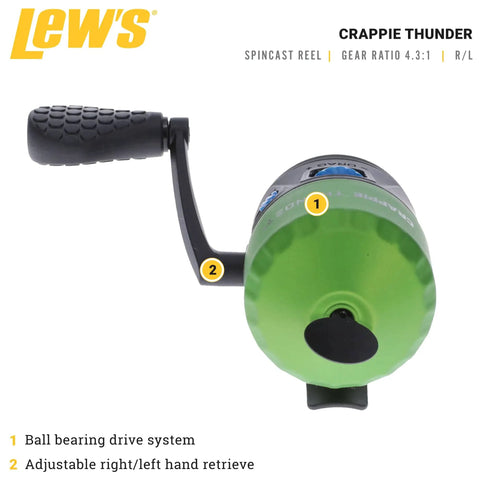 Front view of Crappie Thunder Spincast Fishing Reel With All Metal Gears And Ball Bearing Drive Built Tough Stainless Steel Nose Cone