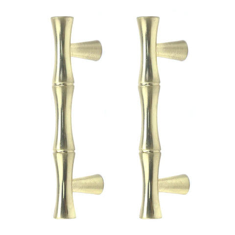 Set of four bamboo shape cabinet pulls in brushed gold finish, shown vertically, 2.5-inch center hole, 3.7-inch total length.