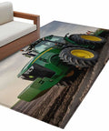 3x5 Machine Washable Farmhouse Rug For Living Room And Bedroom With Green Tractor Farm Decor next to a sofa.