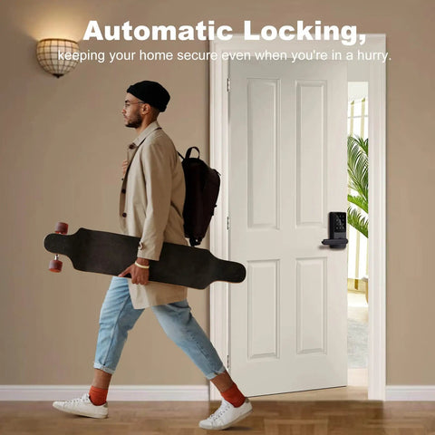 Man exits room with skateboard, showcasing door with Keyless Entry Smart Door Lock with Keypad, Fingerprint Scanner, Auto Lock, and Smartphone Control, Black Finish for Airbnb Short Term Rentals, Rental Property Management, and Home Security.