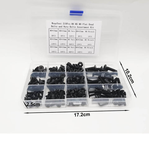 Open case displaying Black 219-Piece Metric M4 M5 M6 Flat Head Socket Cap Screws And Nuts Set In Alloy Steel With Hex Socket Drive.