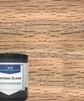 Straight Talk Clear Natural Oil Based Interior Wood Stain With Low Voc Blend For Smooth Operator. Natural clear stain can with wood grain background.