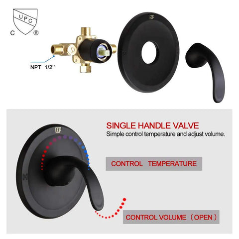Black Dual Function Shower Faucet Set With Valve High Pressure, single handle valve controls temperature and volume in 2 in 1 system
