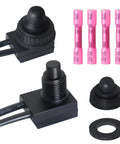 2 Pack 12V Waterproof Push Button Switch On Off SPST Push On Push Off Latching Button Switch With Copper Contacts And Sealed Housing Heavy Duty Automotive Marine Grade Replacement, 10mm, with wiring and grommet