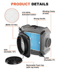 Air Scrubber With MERV 10 Pre Filter And HEPA Activated Carbon Filters For Pro Grade Commercial And Industrial Use 750 CFM Stackable Negative Air Machine With UV C Light And Four Stage Filtration For Odor Elimination product details showing filter sections and components.