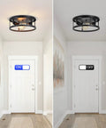 13 Inch Black Flush Mount Ceiling Light Fixture 2 Light 2 Pack Durable Matte Black Finish shown on and off in a hallway