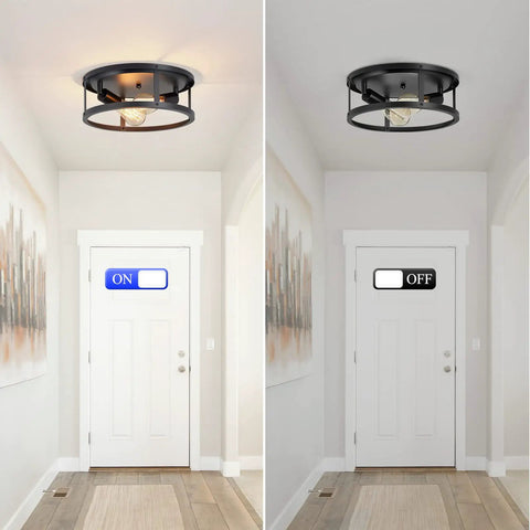 13 Inch Black Flush Mount Ceiling Light Fixture 2 Light 2 Pack Durable Matte Black Finish shown on and off in a hallway