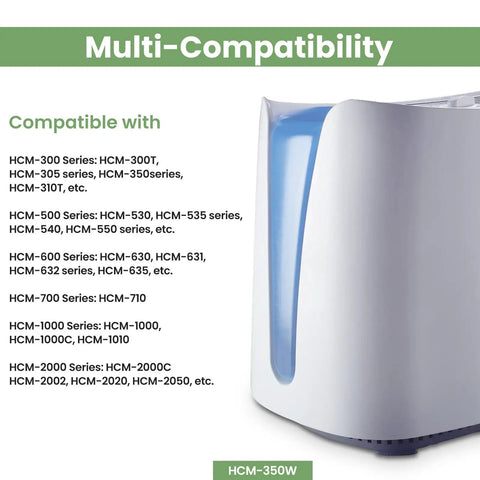Image showing compatibility list with Honeywell models for 4 Pack Humidifier Filter Replacement compatible with Honeywell HCM350W.