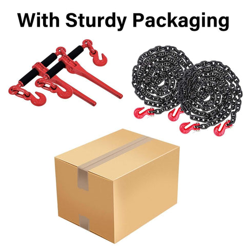 G80 Chain And Ratchet Binder Set 3/8 To 1/2 Inch, 20 Feet Transport Chain With Hooks, Two Pack, 9,200 Lb Working Strength and packaging