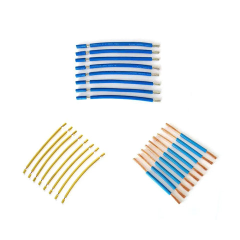 Cable wire pieces in blue, yellow, and copper, used for heavy duty automatic wire cutting and stripping machine.