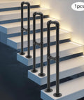 Heavy Duty U Shaped Stair Handrail Built Like A Tank Galvanized Steel Pipe Floor Mounted Support Railing on white stairs.