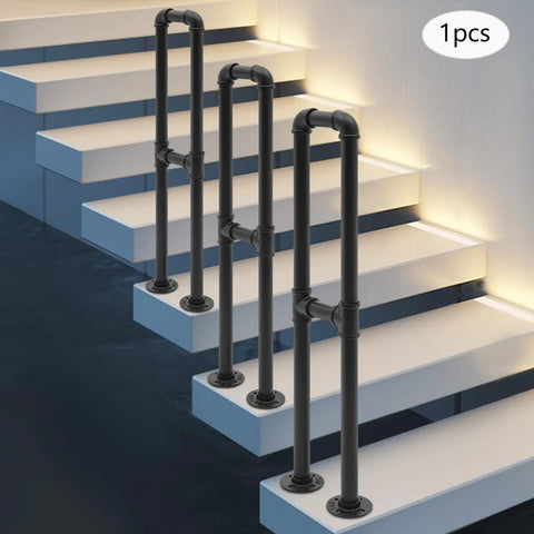 Heavy Duty U Shaped Stair Handrail Built Like A Tank Galvanized Steel Pipe Floor Mounted Support Railing on white stairs.