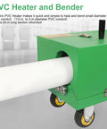Heavy Duty 2000W Electric PVC Conduit Heater Bends Piping From Half Inch To Four Inches With Smart Temp Sensor Fast Heating For Professional Pipe Fitting And Smooth Curves On The Job Site, showing green bender with white PVC pipe.