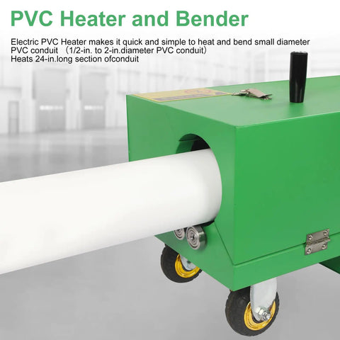 Heavy Duty 2000W Electric PVC Conduit Heater Bends Piping From Half Inch To Four Inches With Smart Temp Sensor Fast Heating For Professional Pipe Fitting And Smooth Curves On The Job Site, showing green bender with white PVC pipe.