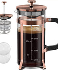 Stainless Steel French Press Coffee Maker With Borosilicate Glass Carafe Copper Finish 21 Ounce Capacity Four Level Filter BPA Free