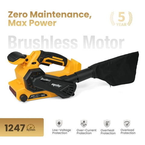 Badass Cordless Brushless Belt Sander With Six Variable Speed Settings, featuring a brushless motor and dust collection bag.