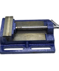 Rock Solid Drill Press Vise With Four Inch Jaw Width and Heavy Duty Clamping Force Grooved Jaws top view of blue cast iron vise.